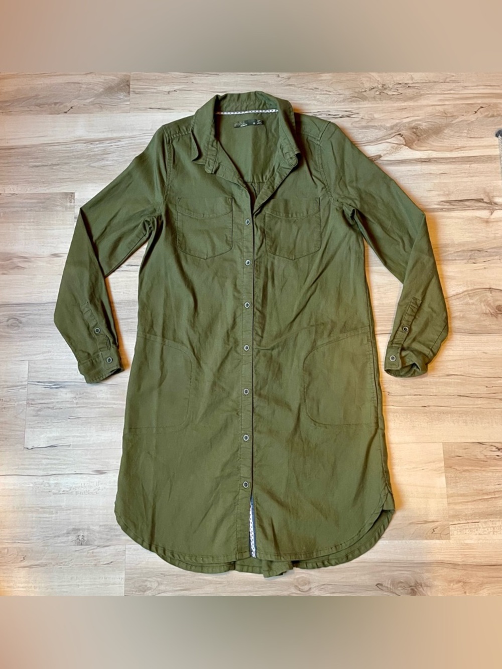 PrAna Olive Green Button-Front Shirt Dress, Cotton